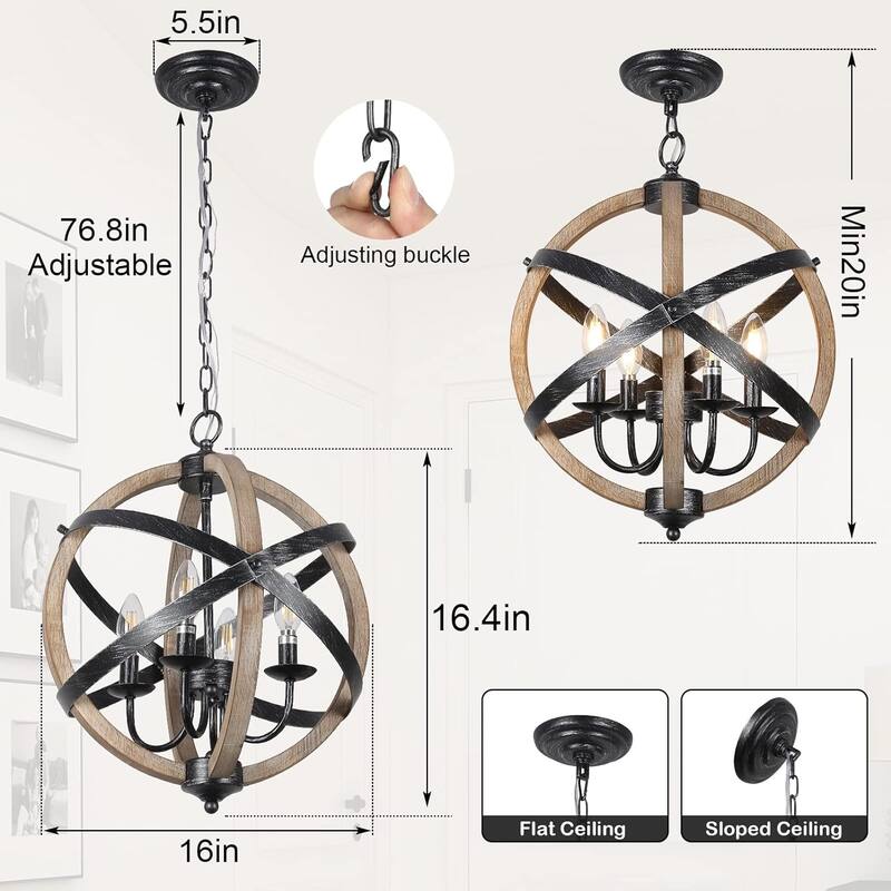 Farmhouse Chandelier Light Fixture, 5-Light Rustic Wooden Pendant and Ceiling Light for Dining Room or Bedroom
