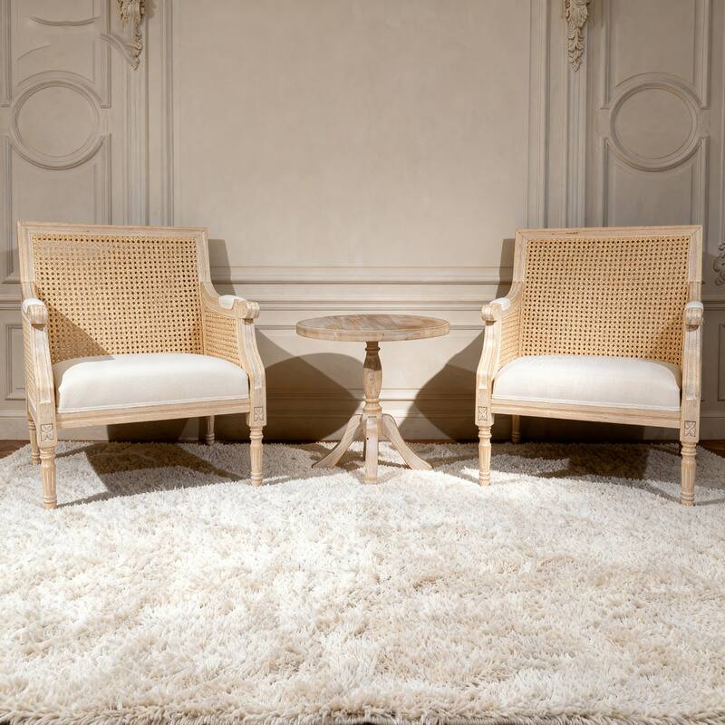 GDFStudio - Classic French Traditional Cotton Linen Upholstered Accent Armchair with Rattan Backrest & Contoured Armrests