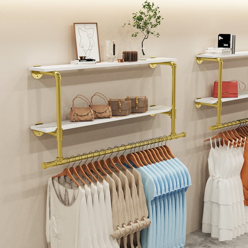 2 Tier Clothes Display Rack Pipe w/Wood Shelves for Garment Storage - Golden and Marble white
