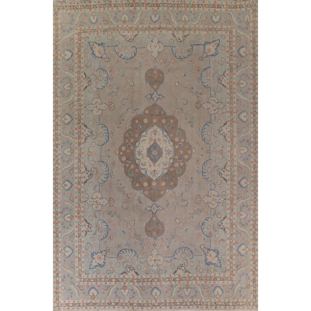 Hand Knotted Oriental 100% Wool Carpet Traditional Floral Beige & Ivories Tabriz Area Rug - 13' 3'' X 9' 10''