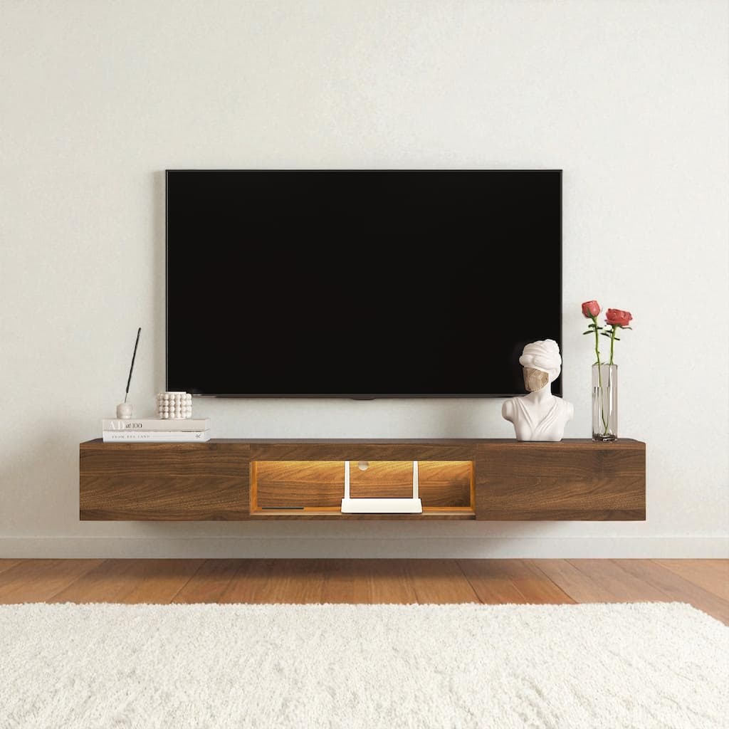 Floating Wall Mounted TV Stand with 16 Color LED Lights, 63" Modern Entertainment Cabinet for 55-65 Inch TVs