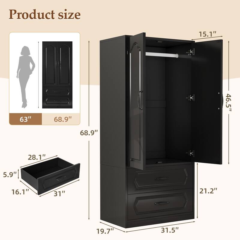 Pocassy 71" Tall Armoire with Hanging Rod Wardrobe Closet