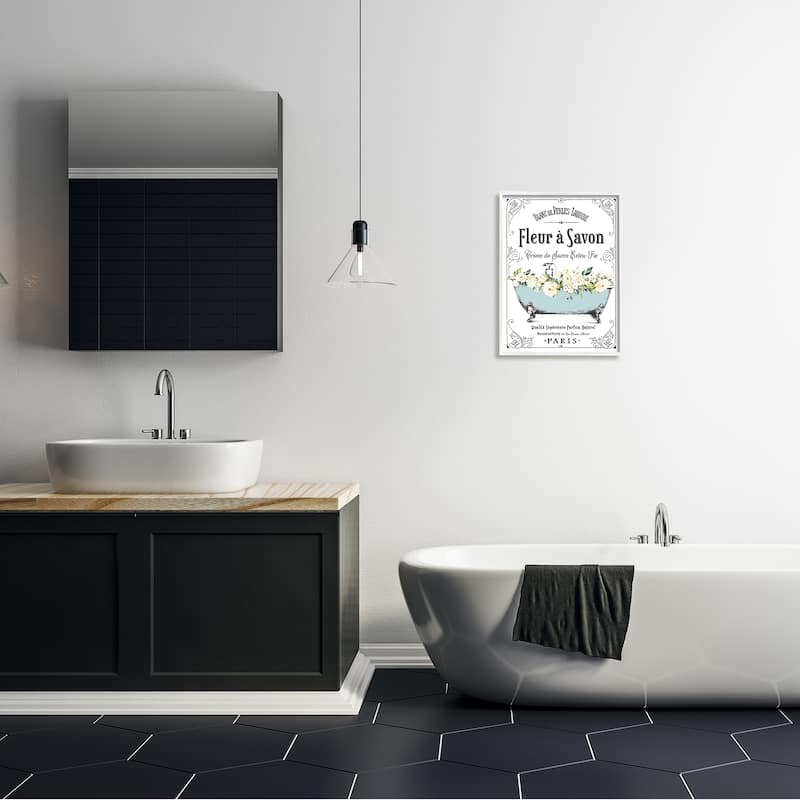 Stupell Vintage Parisian Bathroom Advertisement Floral Blue Tub Framed Wall Art - White