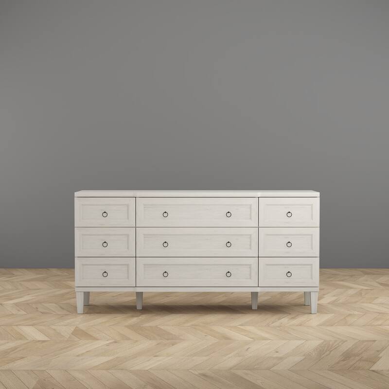 63.4" Wide 9 Drawer Dresser, Modern Light Wood Bedroom Dresser with Solid Legs for Storage