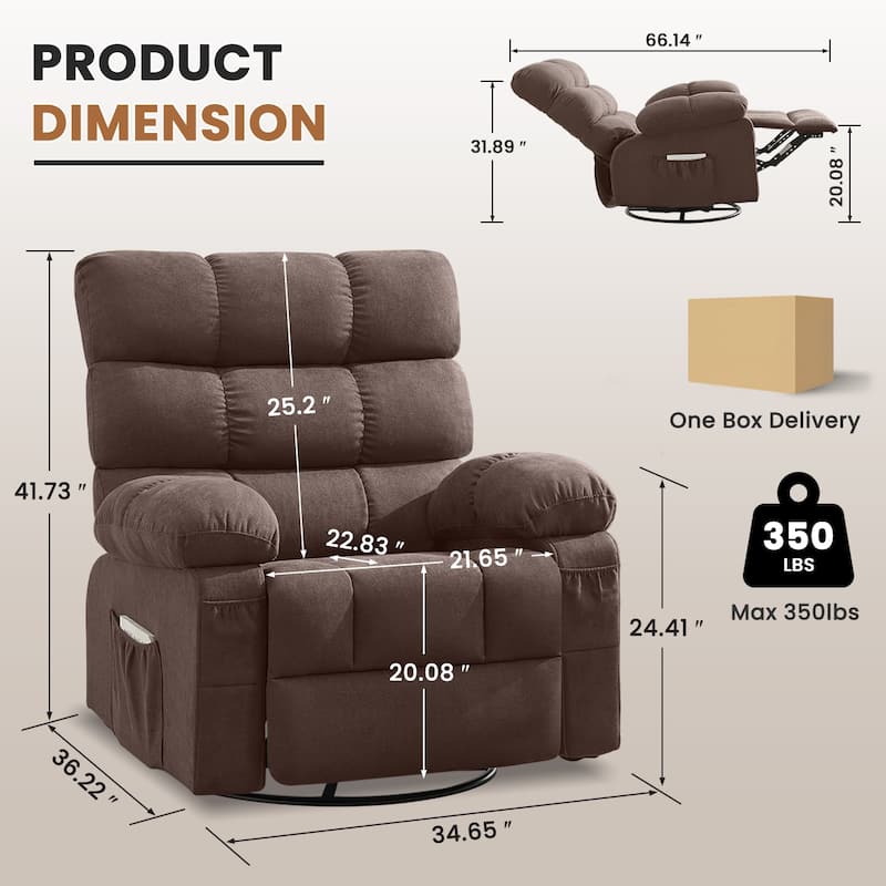 Swivel Rocker Recliner Chair 360° Manual with Side Pockets for Adults