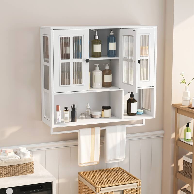 Bathroom Wall Cabinet, 3-Door Wooden Wall Cabinet with Open and Hidden Storage Space, Medicine Cabinet with Glass Door