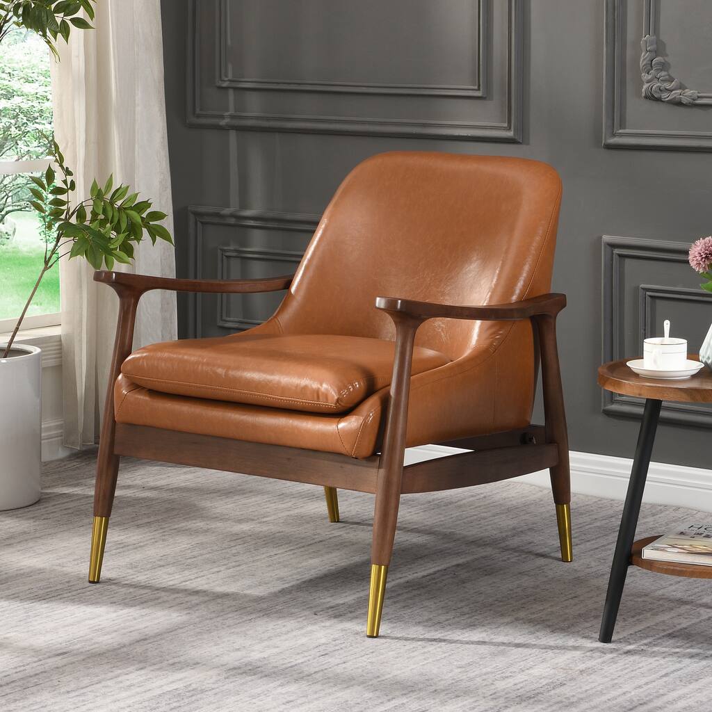 29.2'' Mid-Century Faux Leather Accent Chair with Cushioned Seat, Solid Wood Frame, and Brass-Tipped Legs