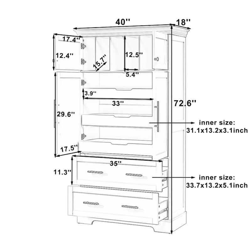Roomfitters 73 Inch Large Kitchen Pantry with 4 Doors, Pull-Out Trays and Cake Pan Organizer