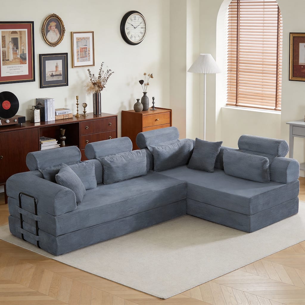 L shape Modular Sectional Sofa, Compressed Sectional Sofa Corduroy Couch, Unfold into a bed, Comfy Compressed Sofa Couch