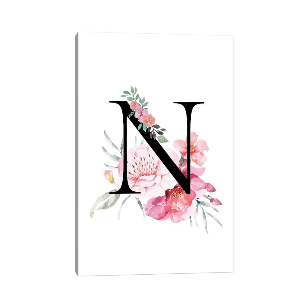 iCanvas "'N' Initial Monogram With Watercolor Flowers" by Design Harvest Canvas Print
