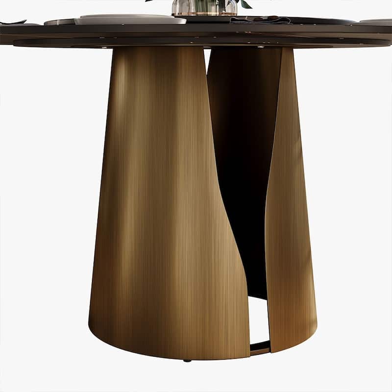 Modern Round White Dining Table，Sintered Stone Tabletop, Solid Black Carbon Steel Base