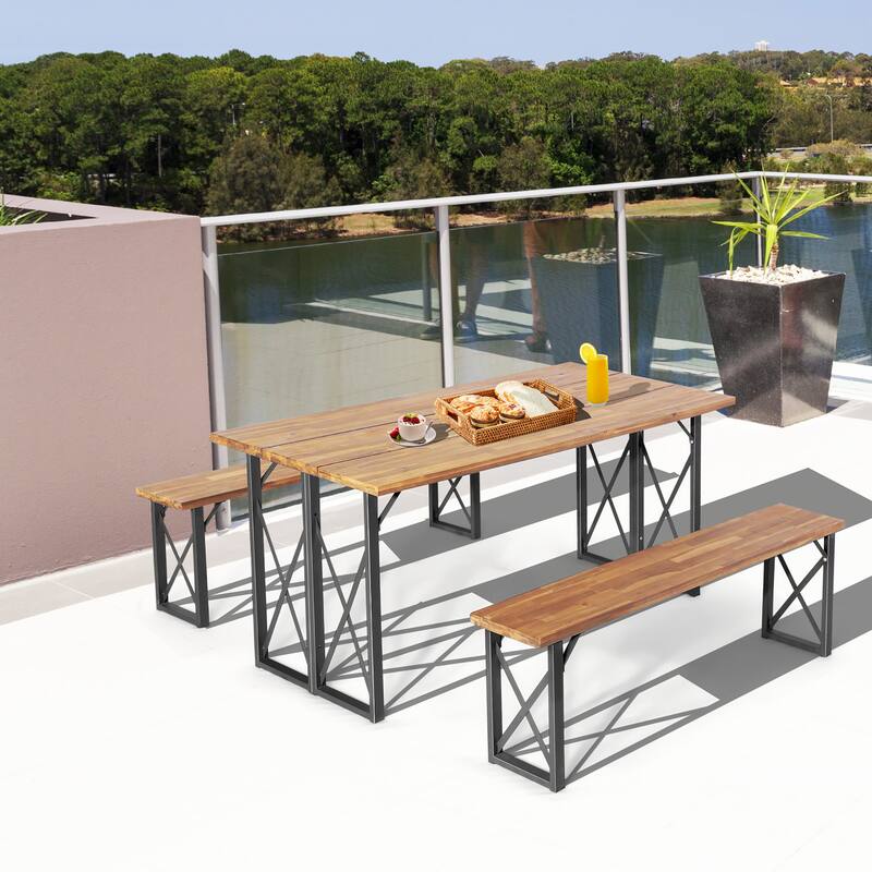 Costway 3 PCS Outdoor Acacia Wood Patio Dining Table Bench Set with - 67'' x 30.5'' x 29.5'' (L x W x H)