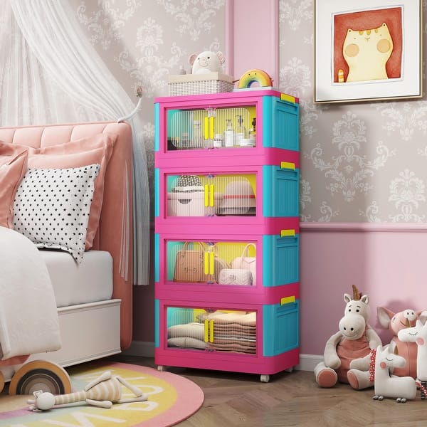 slide 2 of 14, 20"Side Wide Folding Storage Cabinet,4 Tiers,Collapsible Storage Bins with Magnetic Door, Plastic Storage Cabinet with Wheels Blue+Pink