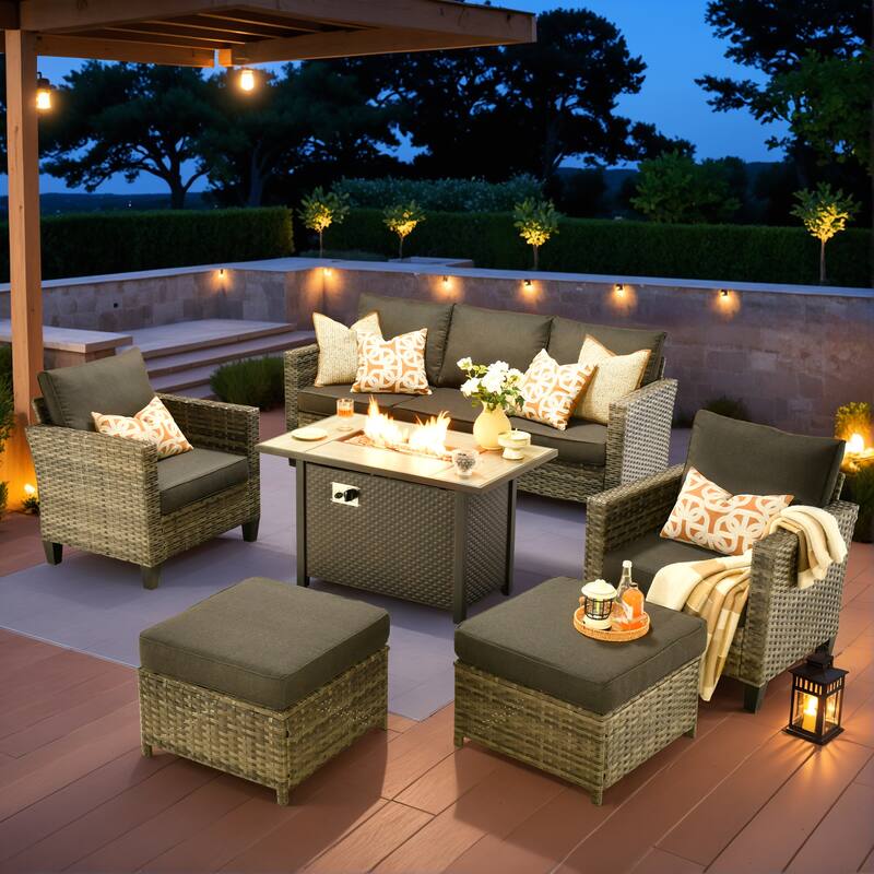 OVIOS 6-piece Patio Wicker Conversation Furniture Set With Fire Pit - Black