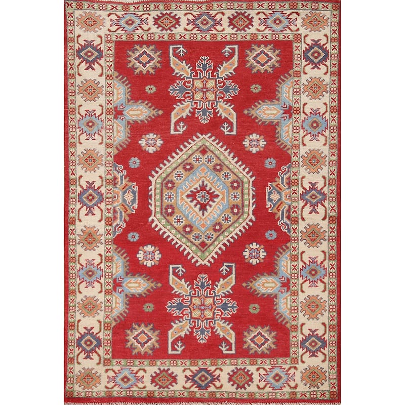 Red Kazak Oriental Accent Rug Hand-Knotted Wool Carpet - 3'4"x 4'10"