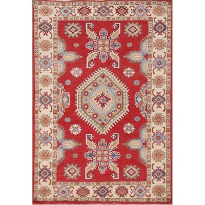 Red Kazak Oriental Accent Rug Hand-Knotted Wool Carpet - 3'4"x 4'10"