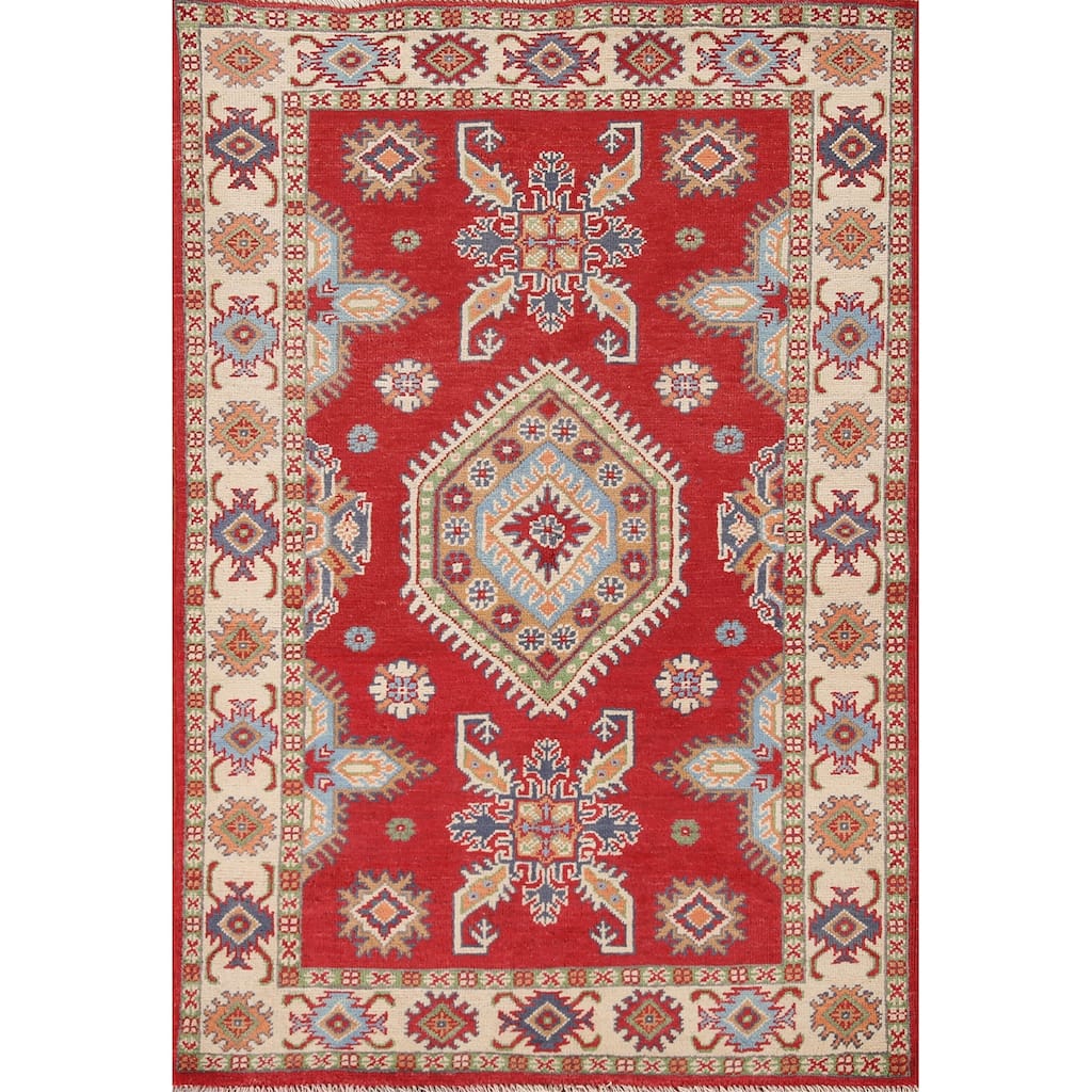 Red Kazak Oriental Accent Rug Hand-Knotted Wool Carpet - 3'4"x 4'10"