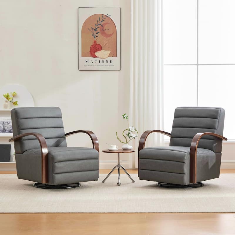 Modern Upholstered 360° Swivel Accent Chair with Solid Wood Armrests and Comfy Lounge Reading Chair, Single Sofa Armchair