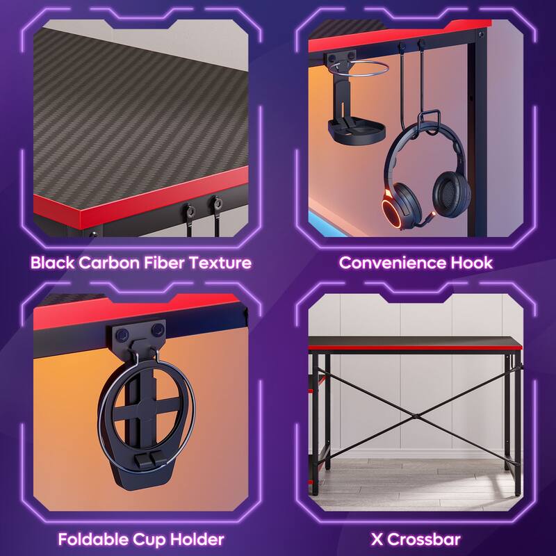 Bestier 44 in. Rectangular Gaming Desk with 4 Tier Storage Shelves Computer Desk with RGB LED Lights