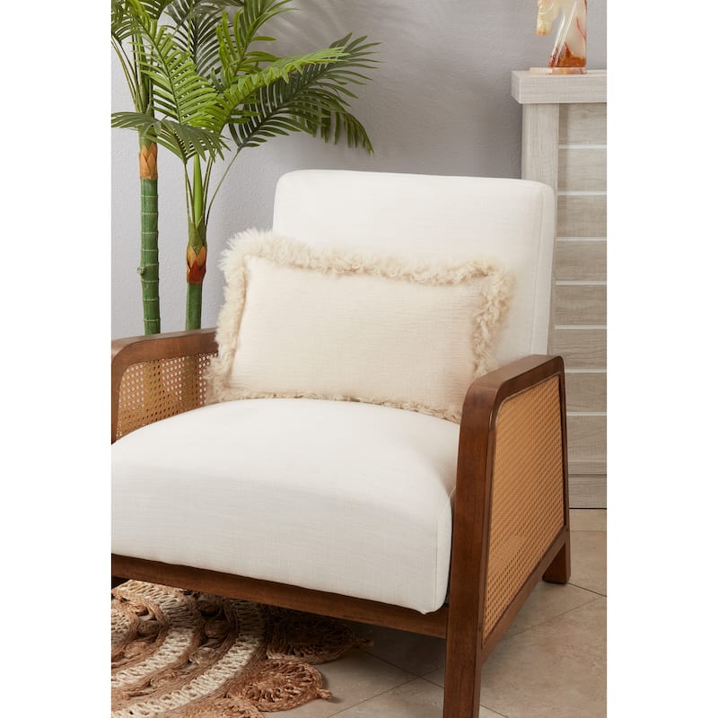 Cozy and Stylish Linen Poly Filled Throw Pillow with Plush Lamb Border