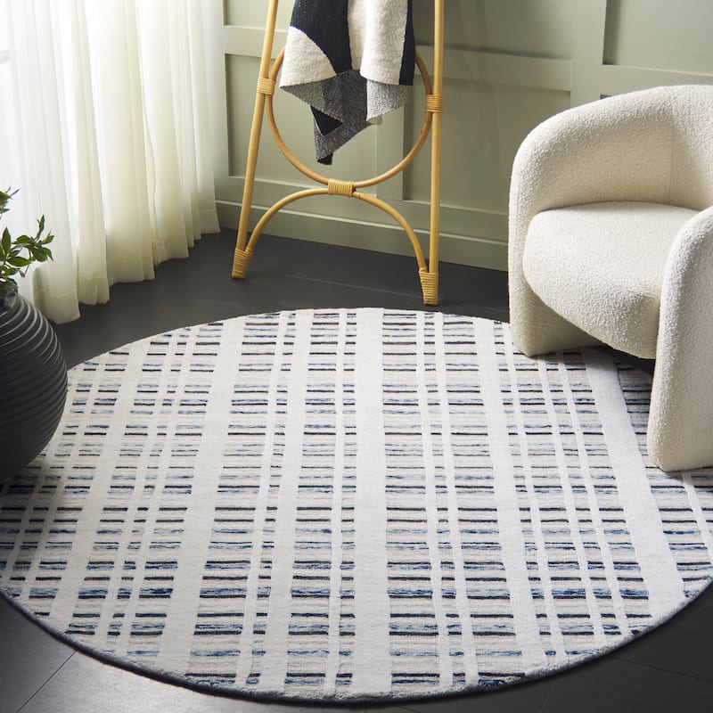 SAFAVIEH Hand-Loomed Fifth Avenue Sevdie Mid-Century Modern New Zealand - 6' Round - Dark Grey/Ivory
