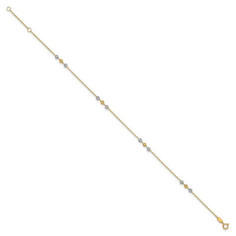 Curata 14k Two tone Gold 9+1" Diamond-cut Triple Bead Station Cable Chain Anklet (Spring-ring)