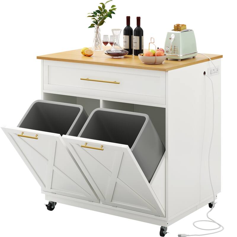 Rolling Kitchen Island Mobile Cart with Double Trash Can Storage Cabinet