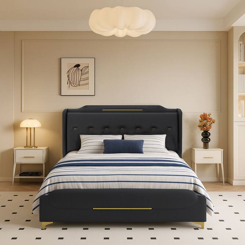 Modern PU Leather Upholstered Platform Bed - No Box Spring Needed - Black - Queen