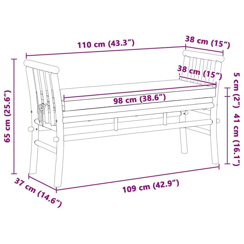 vidaXL Garden Bench with Cushion Brown 110 x 38 x 65cm bamboo - 43.3 x 15.0 x 25.6