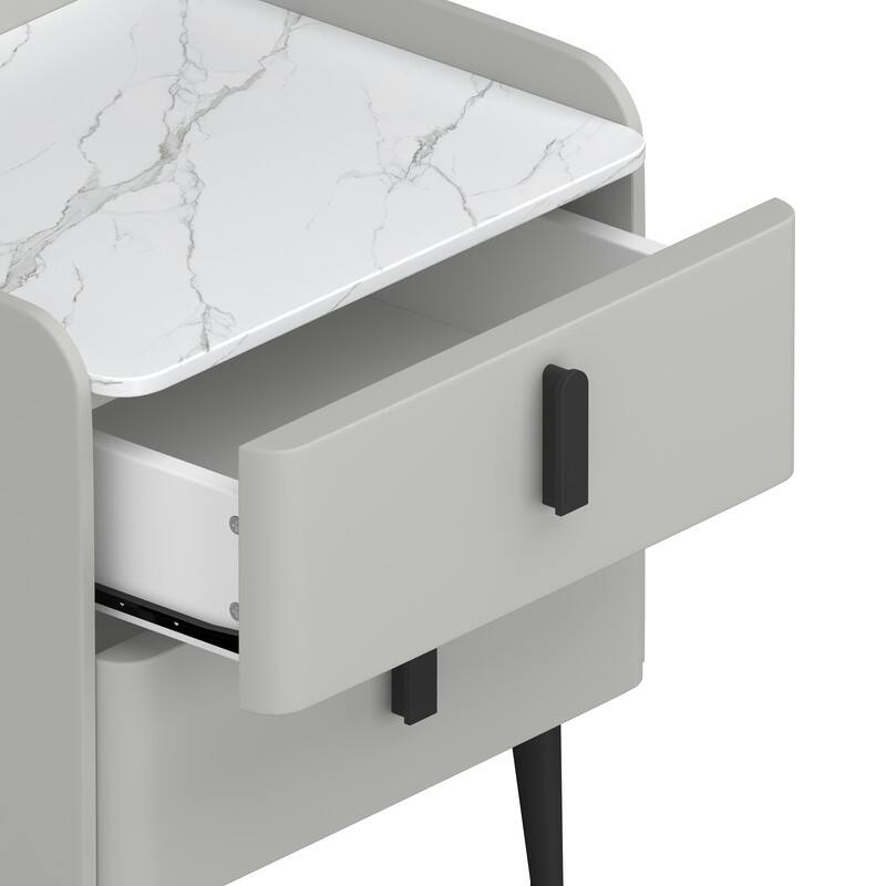 Nightstand with 2 Drawers and Marble-Pattern Tabletop, Modern Beside Table
