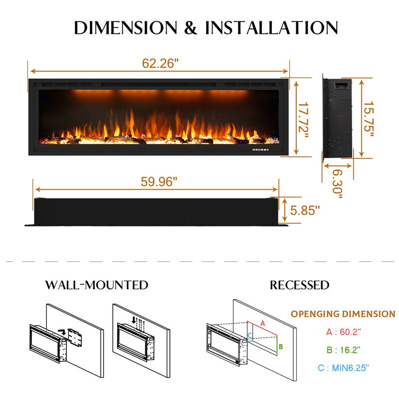 74inches Wall Mounted and Recessed Electric Fireplace,1500W/750W - 60in