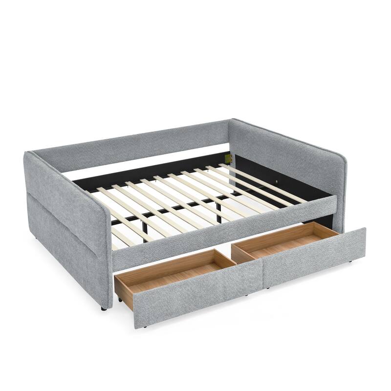 Roomfitters Queen Boucle Daybed with Trundle, Two Storage Drawers and Upholstered Sofa Bed Frame