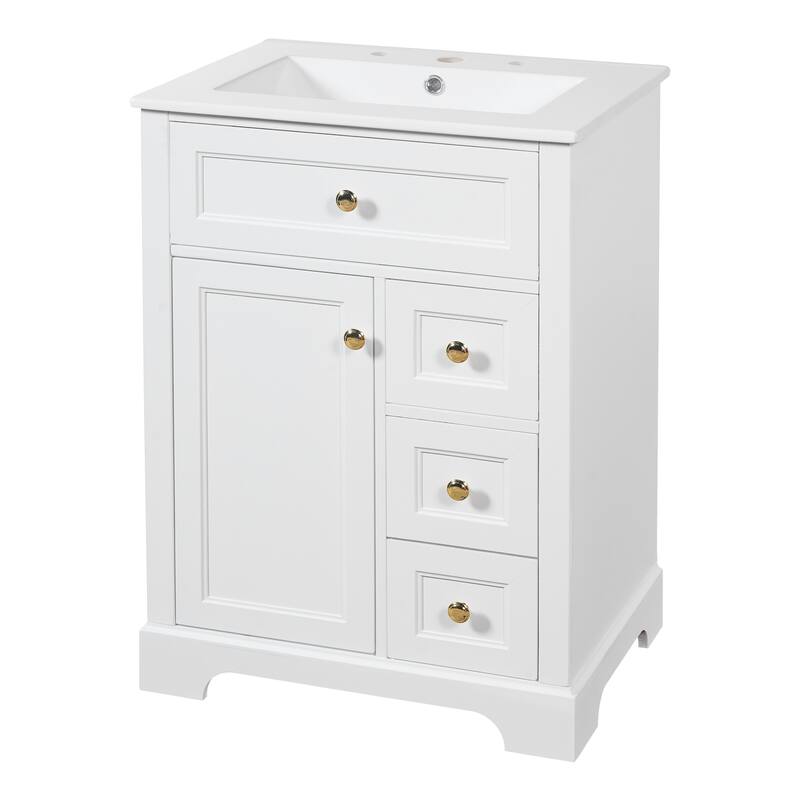 Roomfitters 24" Bathroom Vanity with Sink, Solid Pinewood Frame, 3 Drawers & Cabinet with 2-Tier Door Rack