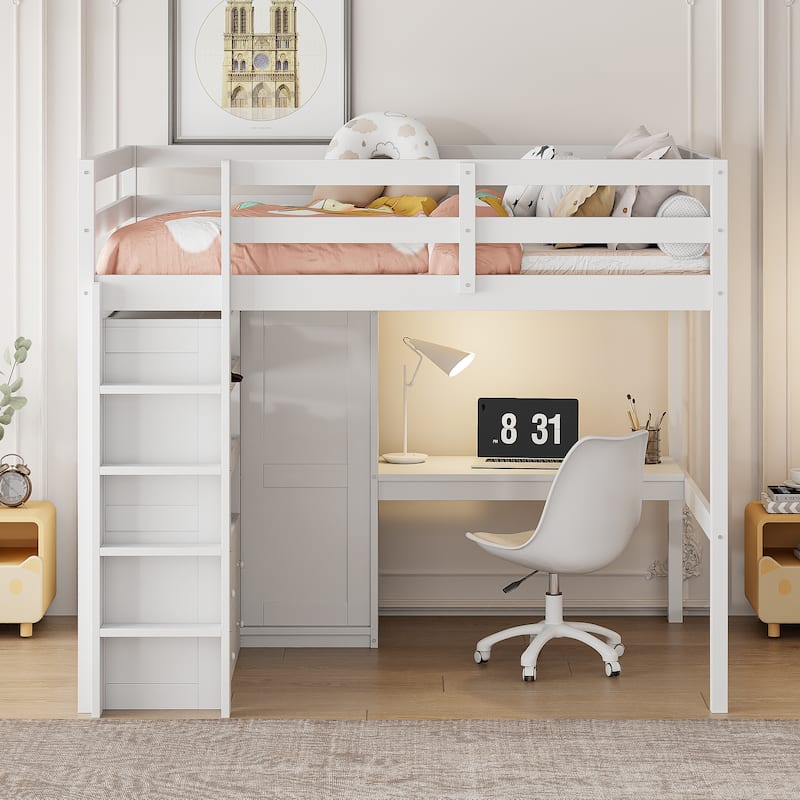 Wood Full Size Loft Bed with Built-In Wardrobe, Desk, Storage Shelves, and Drawers for Bedroom Organization