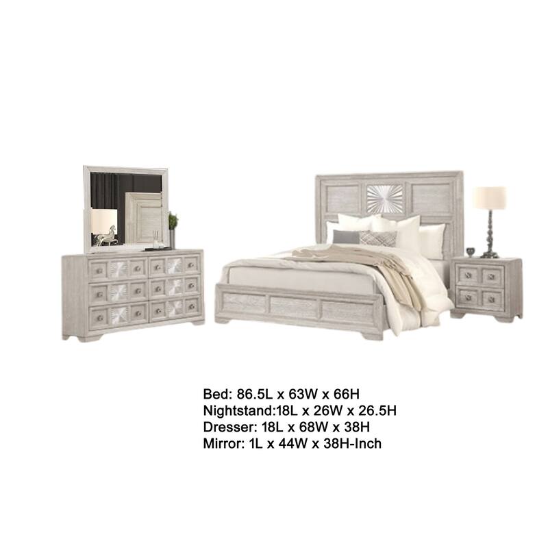 Diaz 4pc Queen Size Bedroom Set, Dresser Mirror, Sunburst Light Gray