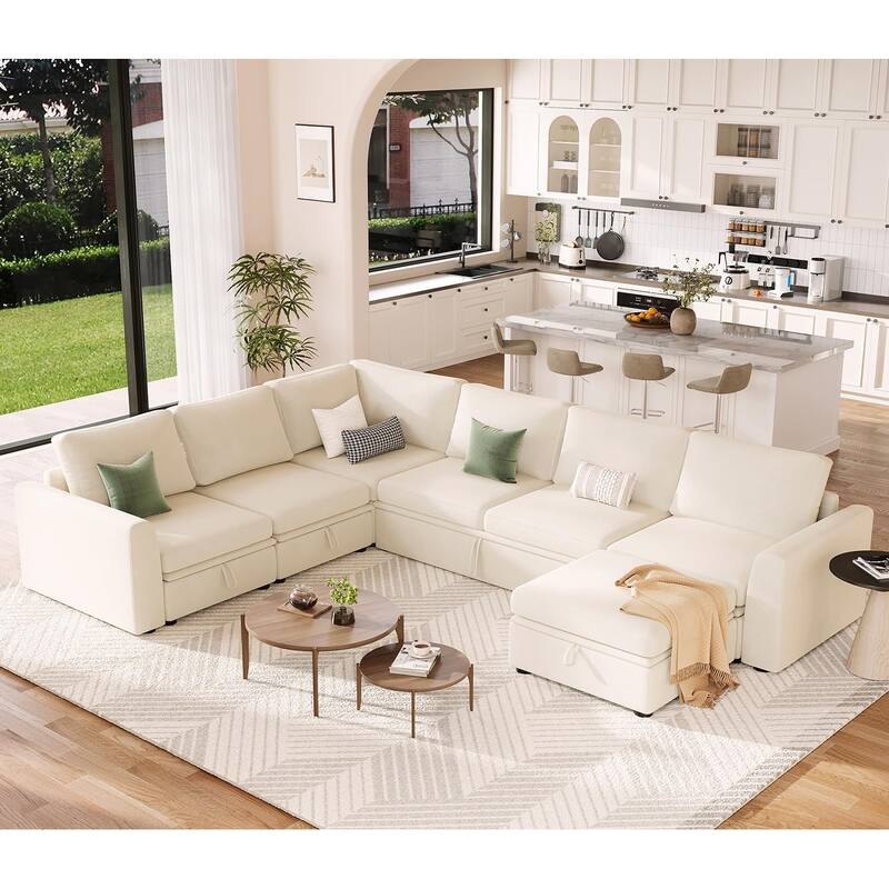 U Shaped Sectional Sleeper Sofa with Pull Out Bed, Chenille Modular Sectional Sofa - Beige