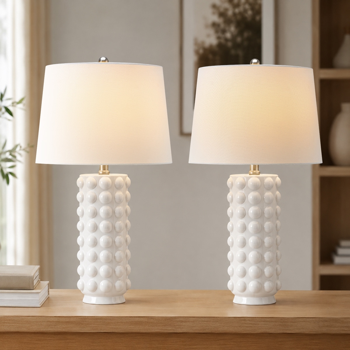 Modern White Bubble Ceramic Table Lamp Set of 2 with White Shades - 22.5 in. H