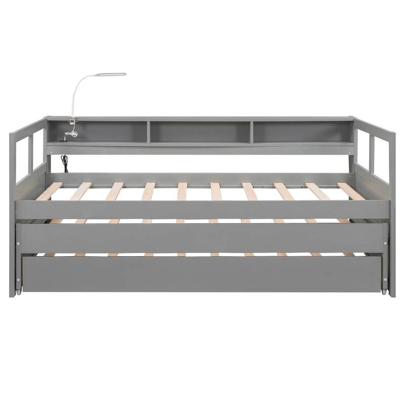 Twin XL Solid Wood Daybed with 2 Trundles, 3 Storage Cubbies, 1 Light and USB Charging Design for Bedroom, Apartment