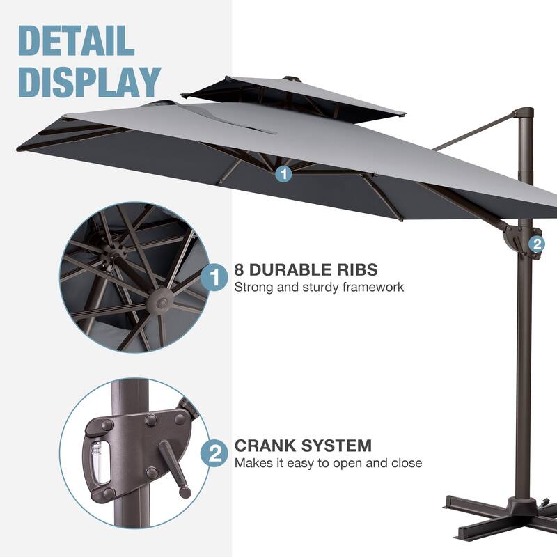 VredHom 9x11 FT Rectangular Outdoor Patio Double Top Cantilever Umbrella with Weight Base