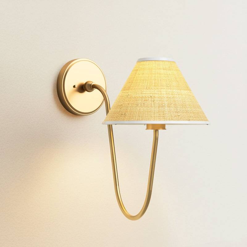 Rowabi Soleil Curve Arm Sconce - Metal, Raffia & Natural, Gold Wall Sconce for Bedroom, Hallway in Modern, Mid-Century Style