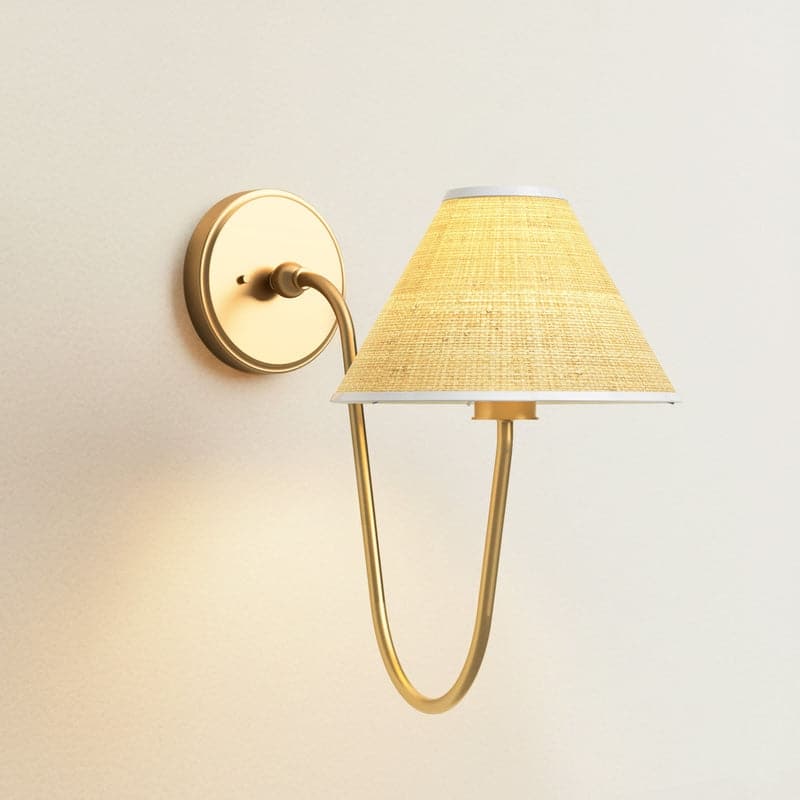 Rowabi Soleil Curve Arm Sconce - Metal, Raffia & Natural, Gold Wall Sconce for Bedroom, Hallway in Modern, Mid-Century Style