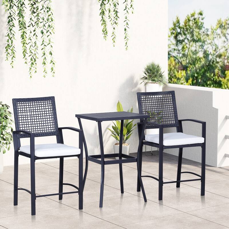 3-Piece Outdoor Rattan Wicker Bar Set with Cushioned High Chairs and Steel Frame, Weather-Resistant Patio Furniture