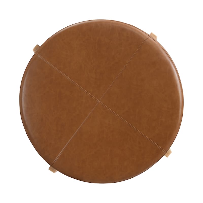 Christopher Knight Home - 34" Round Tufted Upholstered Cocktail Ottoman, Leather Coffee Table with Solid Wood Legs