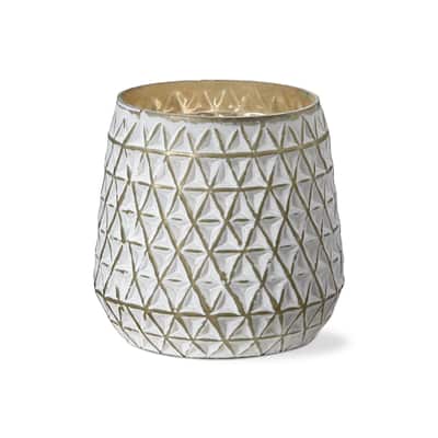 Cara Geometric White Glass Pillar Candle Holder, 4.7L x 4.7W x 5.1H