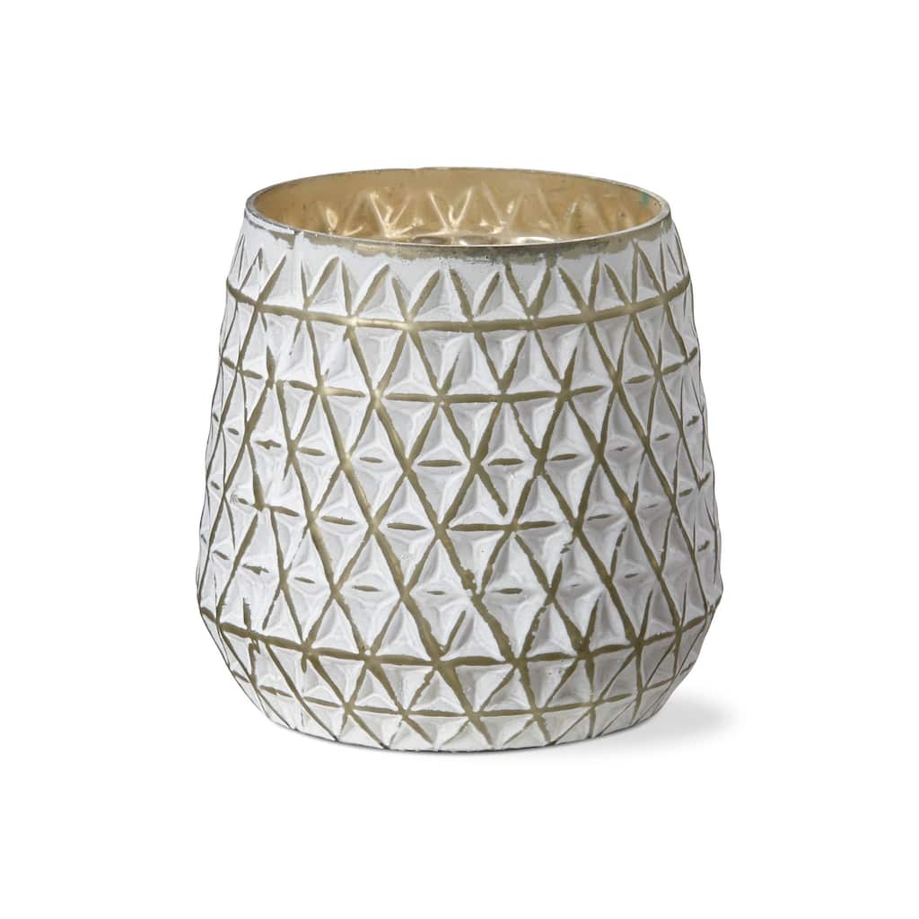 Cara Geometric White Glass Pillar Candle Holder, 4.7L x 4.7W x 5.1H