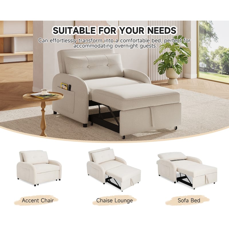 3-in-1 Convertible Sleeper Sofa Bed with Pillow & Pocket, Loveseat Sleeper Chair in Soft Cotton Linen, for Living Room