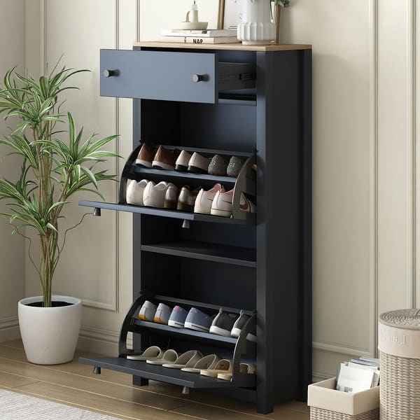 Functional Wood Shoe Rack Cabinet Entryway Organizer with 2 Flip Drawers, and Adjustable Panel for Hallway - Bed Bath & Beyond