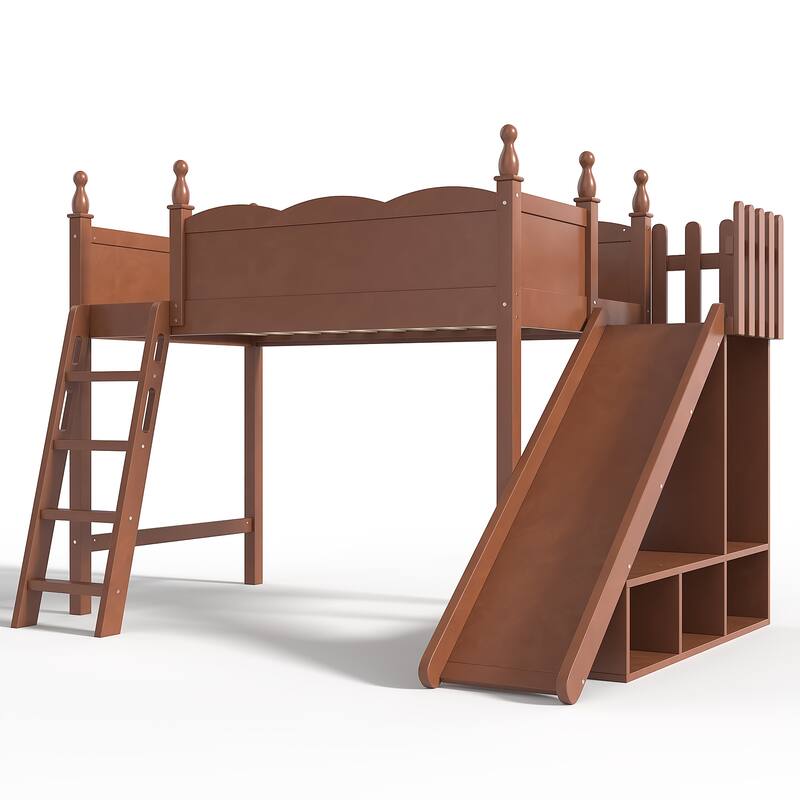 Twin Loft Bed with Storage Shelves and Wardrobe, Solid Wood Loft Beds with Detachable Slide and Ladders, No Spring Box Needed