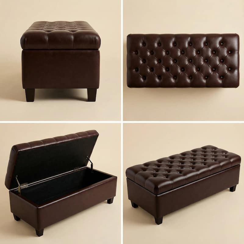 50.25" Brown PU Leather Storage Ottoman Bench with Safety Hinges