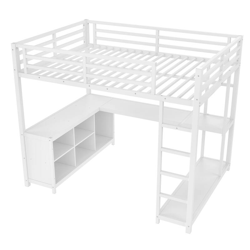 Metal Loft Bed with Wardrobe and L-shaped Desk, Full Size Loft Bed with Storage Cubes and Shelves